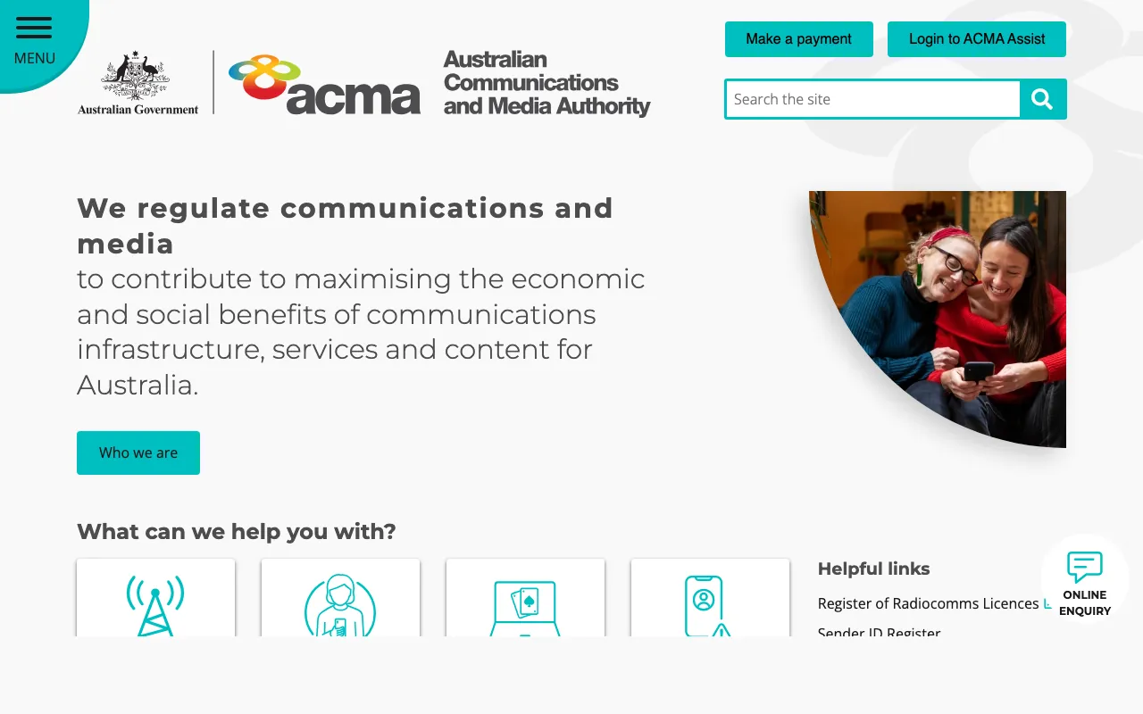 Screenshot of the Australian Communications and Media Authority (ACMA) homepage taken on 18 April 2026