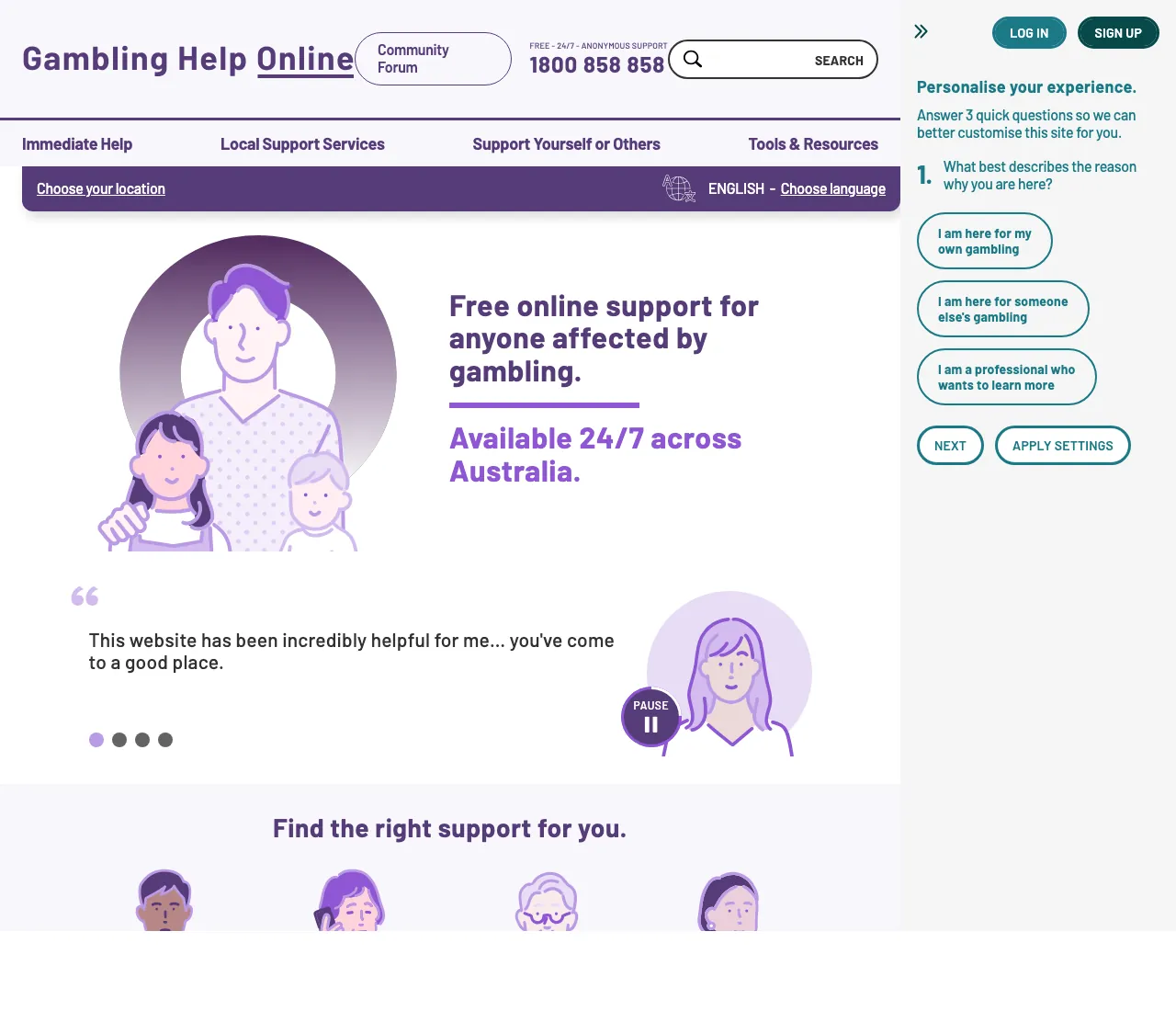 Screenshot of Gambling Help Online (Australia) taken on 18 April 2026